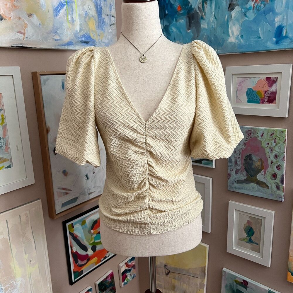 Free People Cream Cupcake Ruched Front Puff Sleeve Top Size M Coquette Romantic